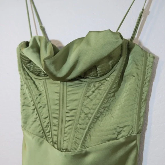 House of CB Myrna Olive Corset Satin Slip Dress Timeless Elegant - Picture 5 of 14